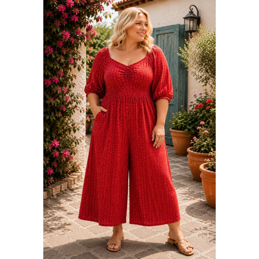Knox Rose XXL Red Pink Floral Jumpsuit‎ Smocked Wide Leg Boho Cottagecore